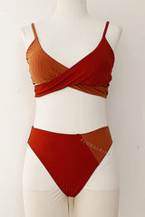 Red Rib Criss-Cross Colorblock Spliced Bikini Top