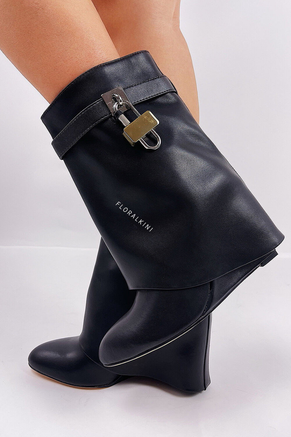 Faux Leather Padlock Detail Folded Wedge Heel Ankle Boots - Black