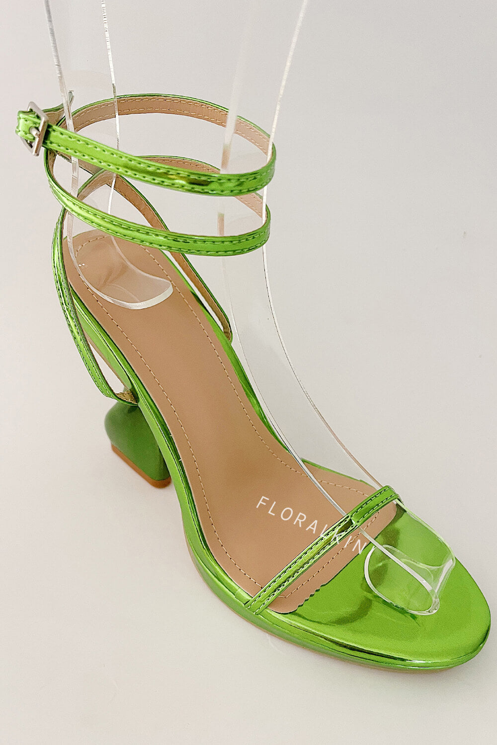 Metallic Faux Leather Open Toe Platform Twisted Statement Heels - Green
