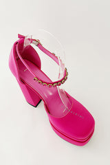 Hot Pink Satin Patent Square Closed Toe Statement Double Platform Block Heel Pumps