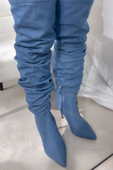 Denim Ruched Over-The-Knee Pointed Toe Stiletto Boots