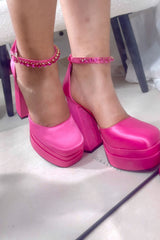 Hot Pink Satin Patent Square Closed Toe Statement Double Platform Block Heel Pumps