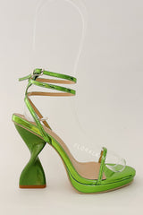 Metallic Faux Leather Open Toe Platform Twisted Statement Heels - Green