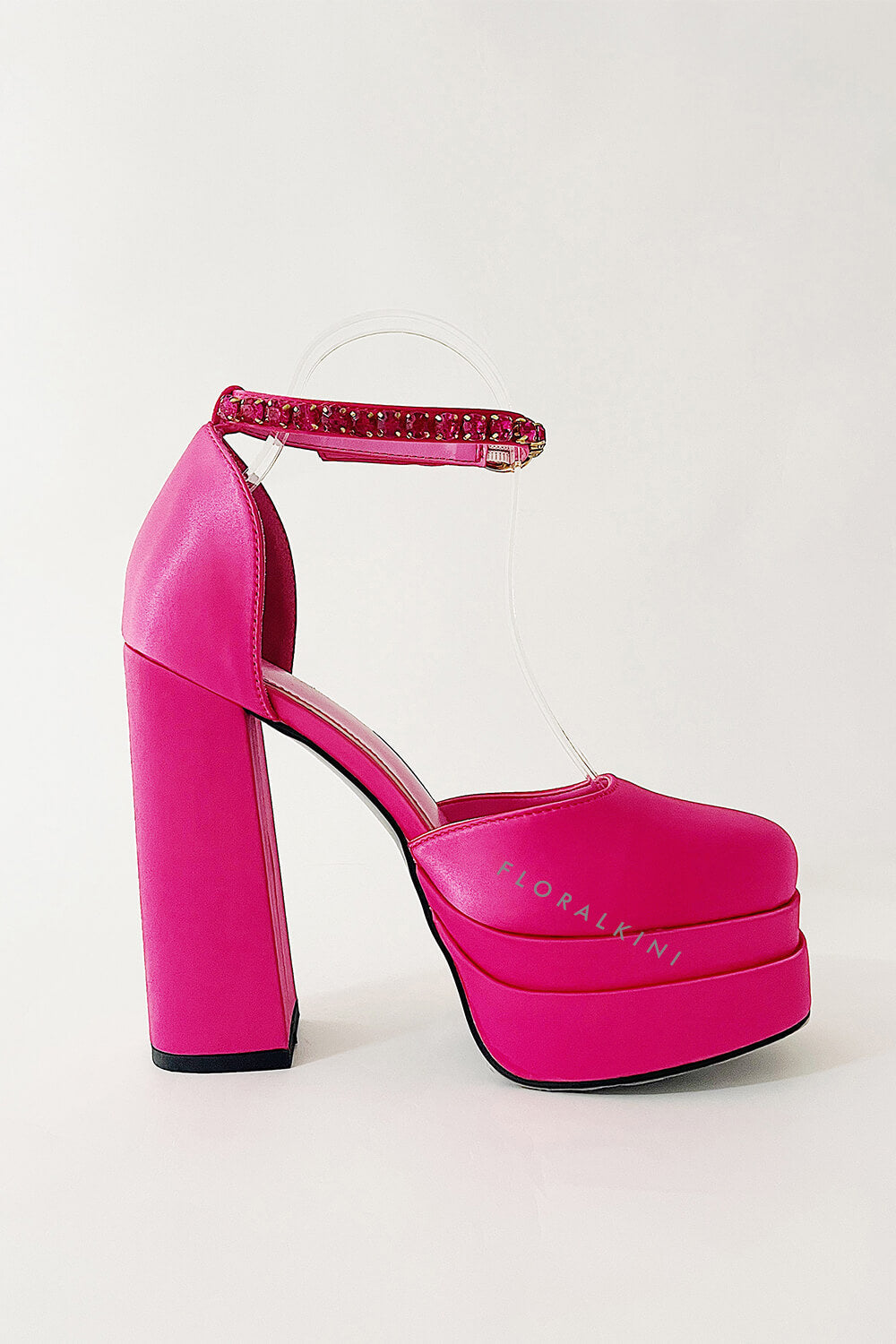 Hot Pink Satin Patent Square Closed Toe Statement Double Platform Block Heel Pumps