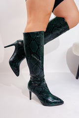 Green Python Print Pointed Toe Stiletto Heel Knee High Boots