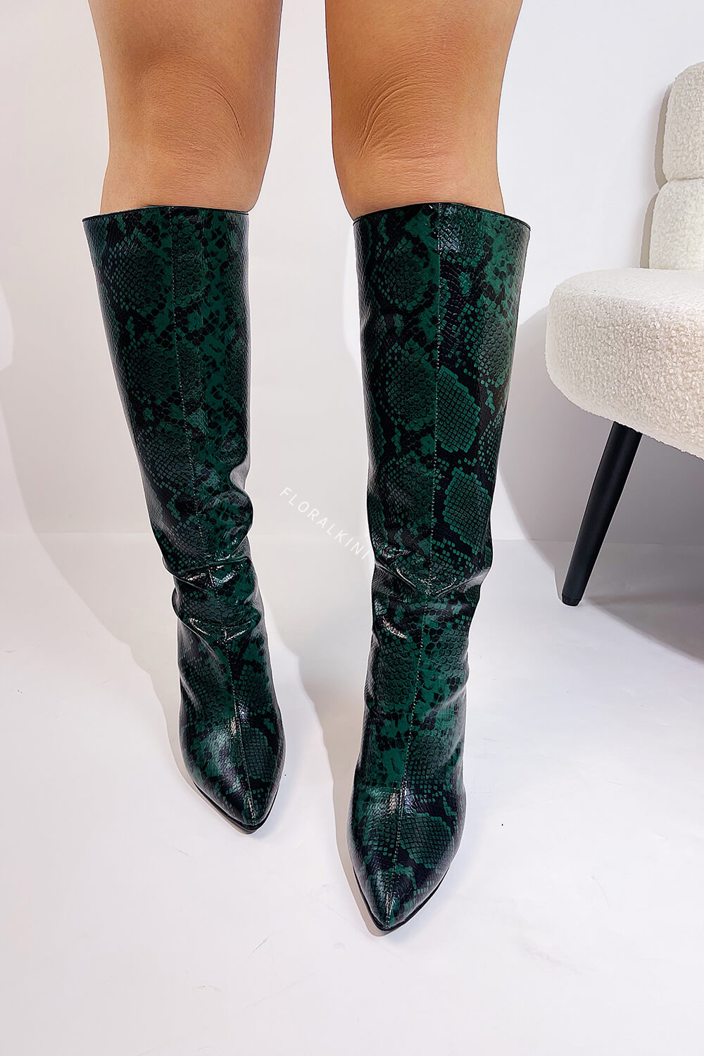Green Python Print Pointed Toe Stiletto Heel Knee High Boots