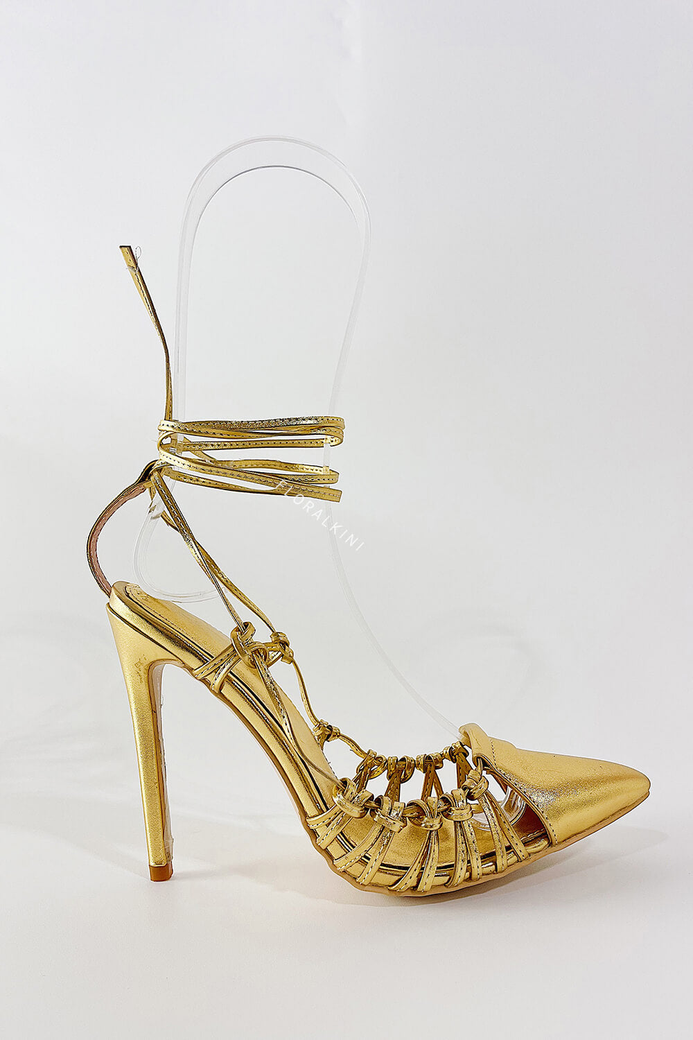 Metallic Gold Lace Up Pointed Toe Stiletto Heeled Sandals