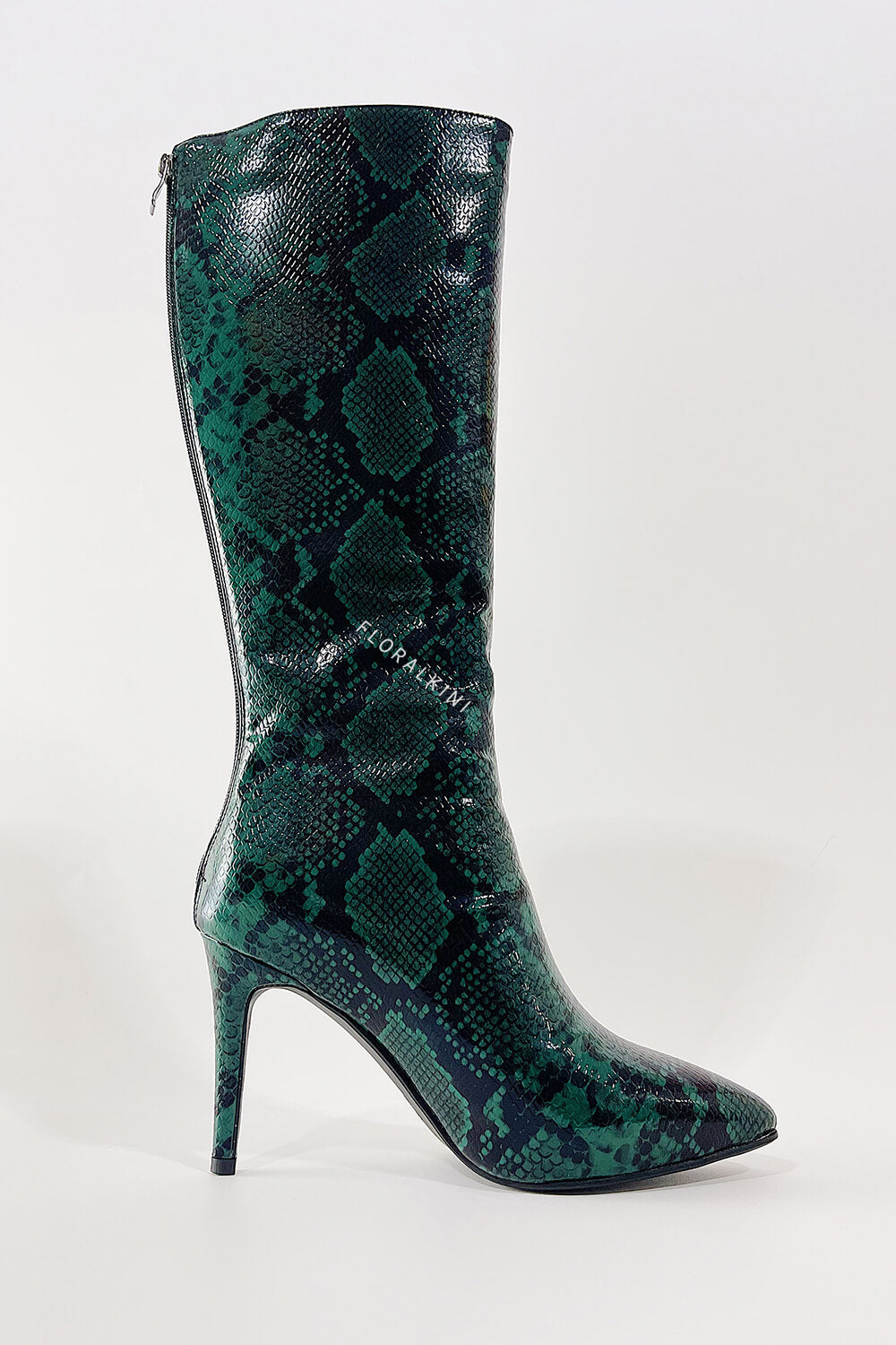 Green Python Print Pointed Toe Stiletto Heel Knee High Boots