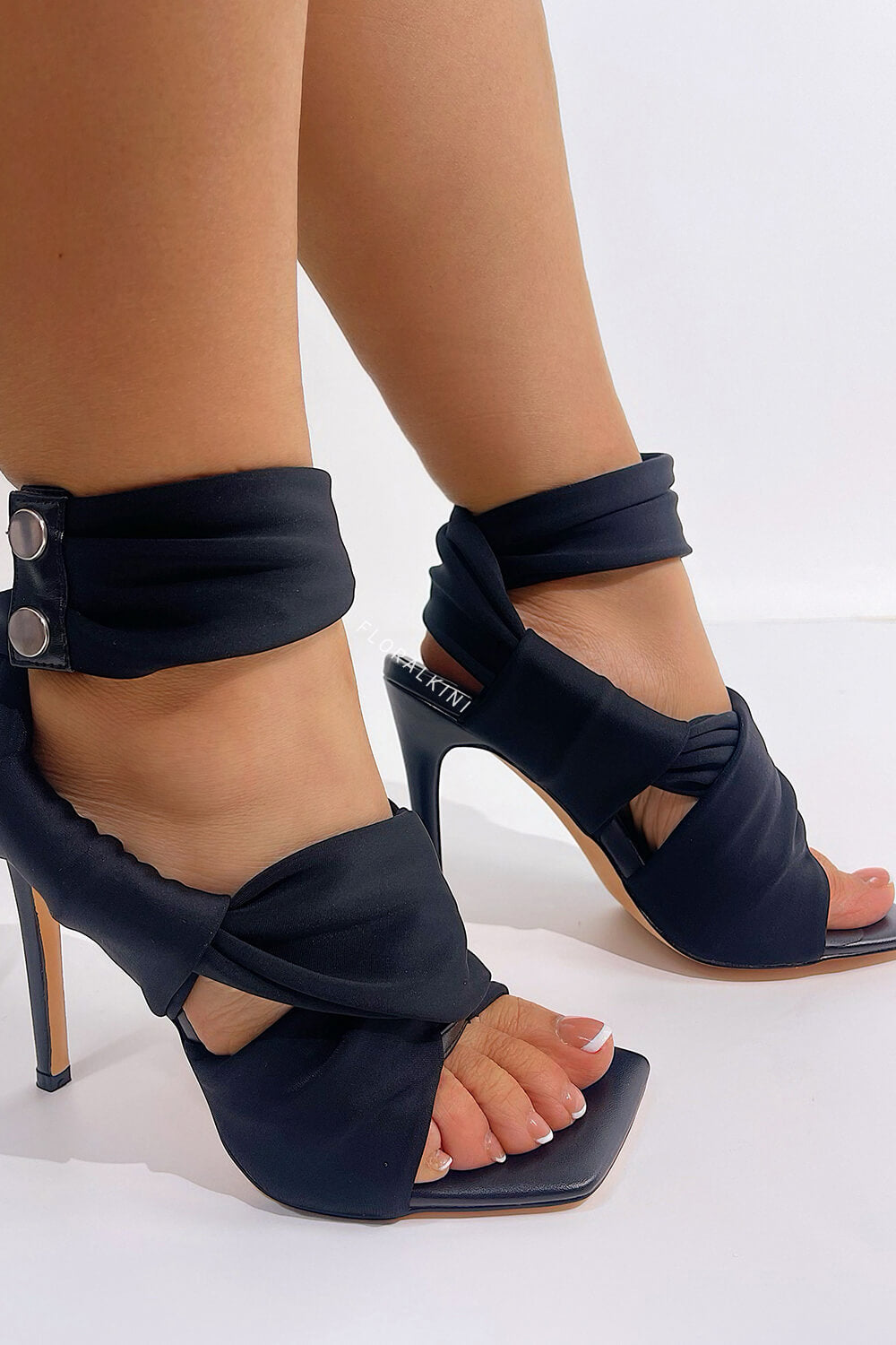 Wrap-Strap Square Open Toe Stiletto Heeled Ankle Sandals - Black