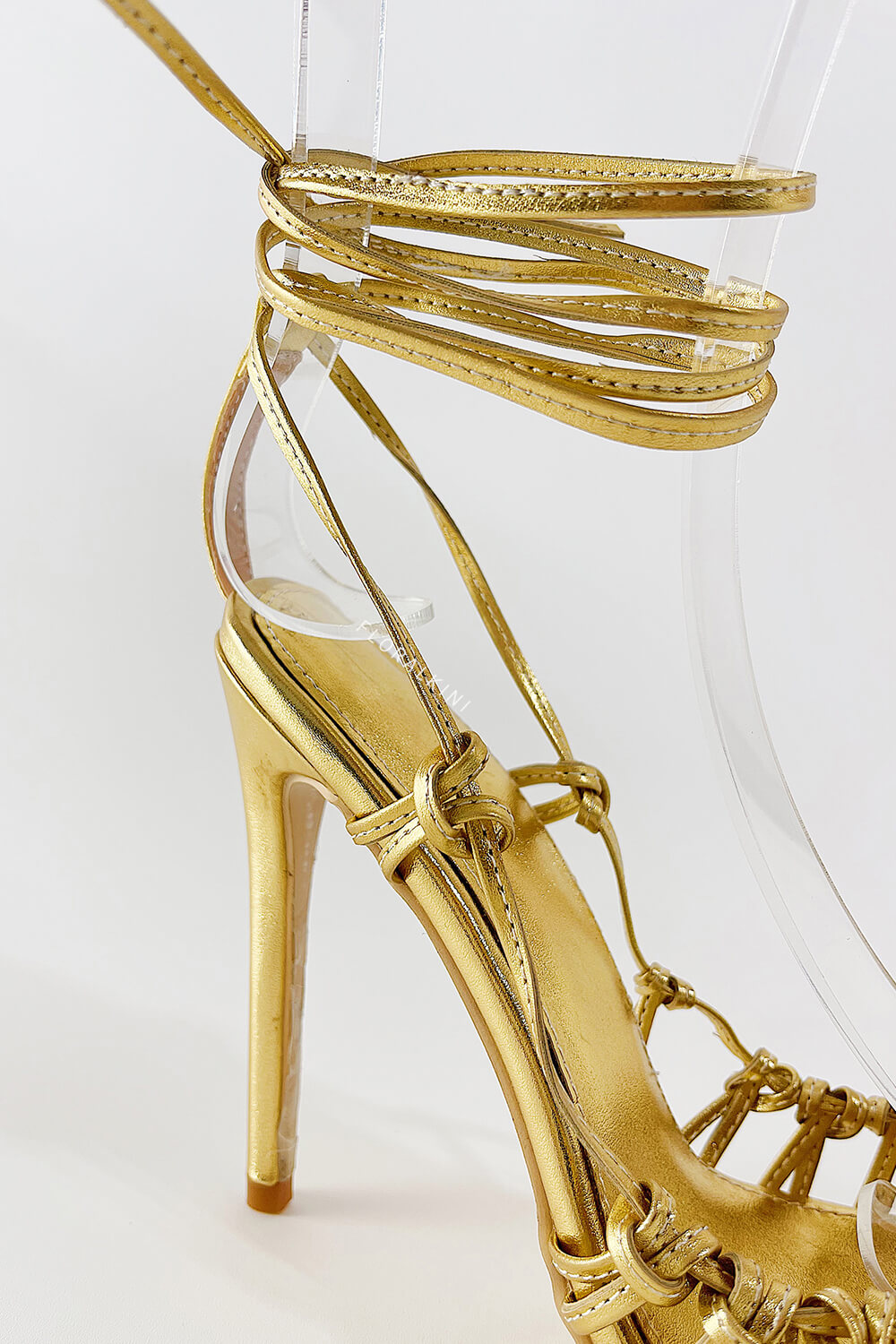 Metallic Gold Lace Up Pointed Toe Stiletto Heeled Sandals