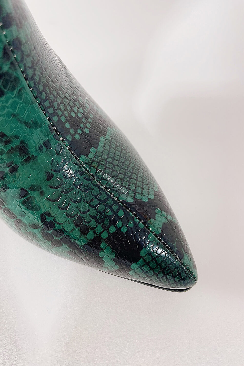 Green Python Print Pointed Toe Stiletto Heel Knee High Boots