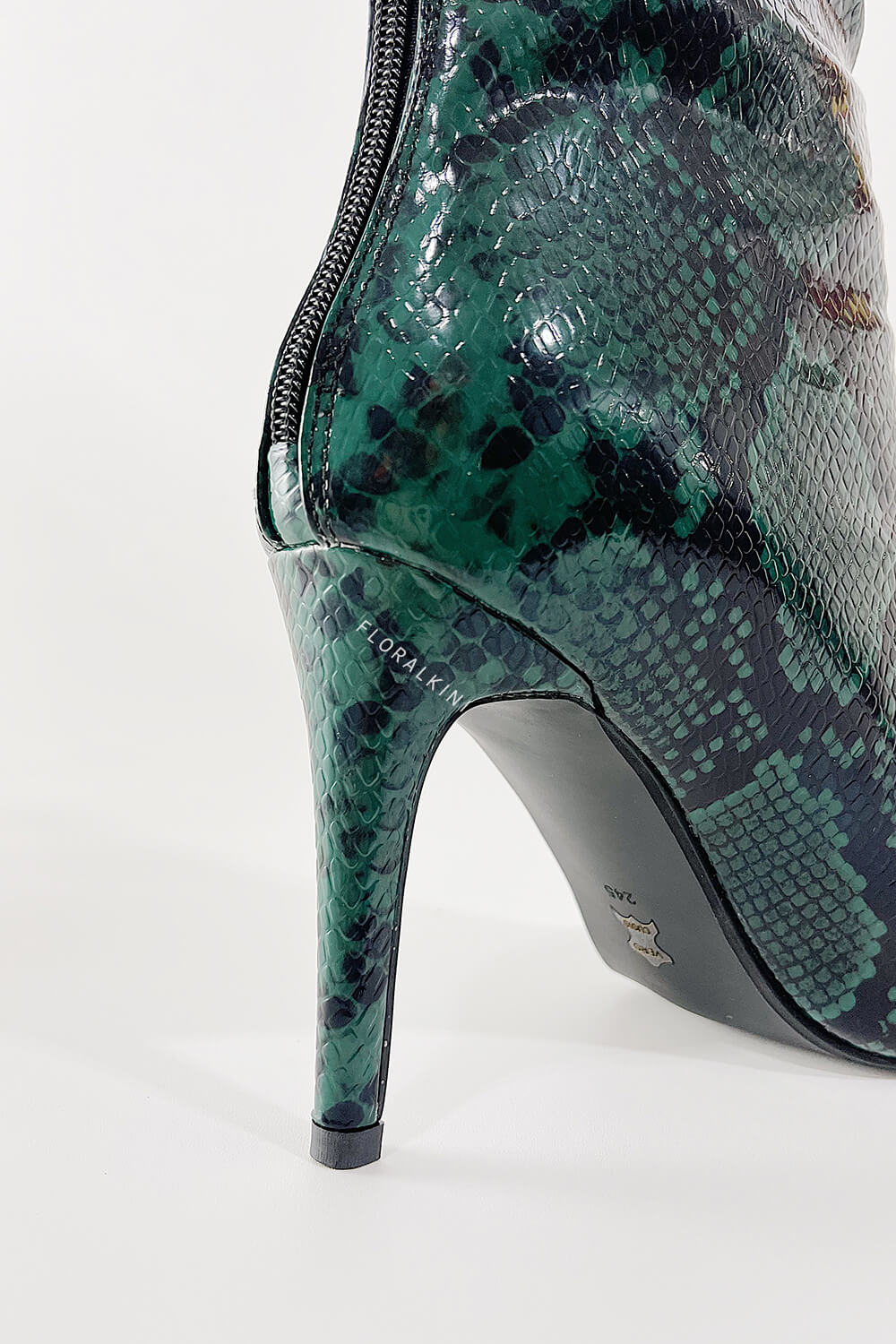 Green Python Print Pointed Toe Stiletto Heel Knee High Boots