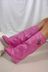 Gem Embellished Diamante Padlock Detail Folded Biker Knee High Boots - Pink
