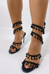 Crystal Chandelier Embellished Faux Satin Wraparound Self-Tie Slingback Sandals - Black