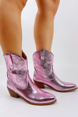 Metallic Western Cowboy Pointed Toe Block Heeled Ankle Boots - Pink