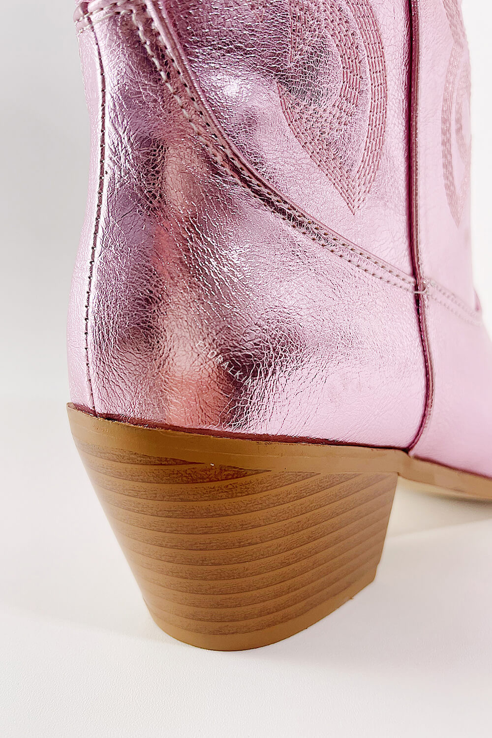 Metallic Western Cowboy Pointed Toe Block Heeled Ankle Boots - Pink