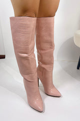 Pink Crocodile-Effect Knee High Pointed Stiletto Heel Boots