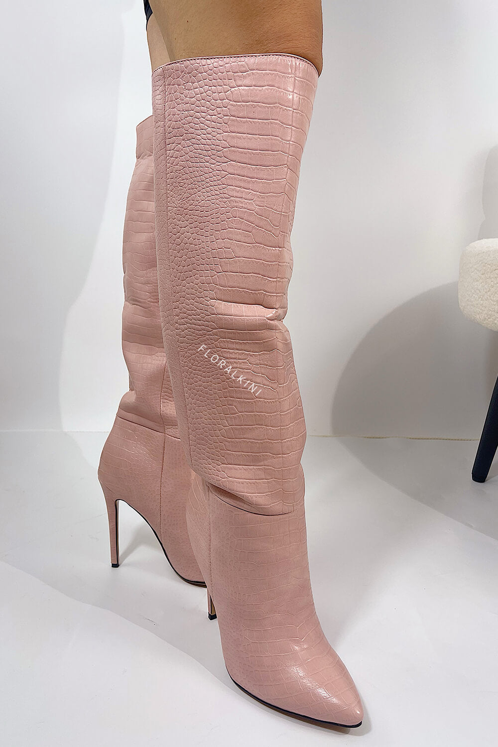 Pink Crocodile-Effect Knee High Pointed Stiletto Heel Boots