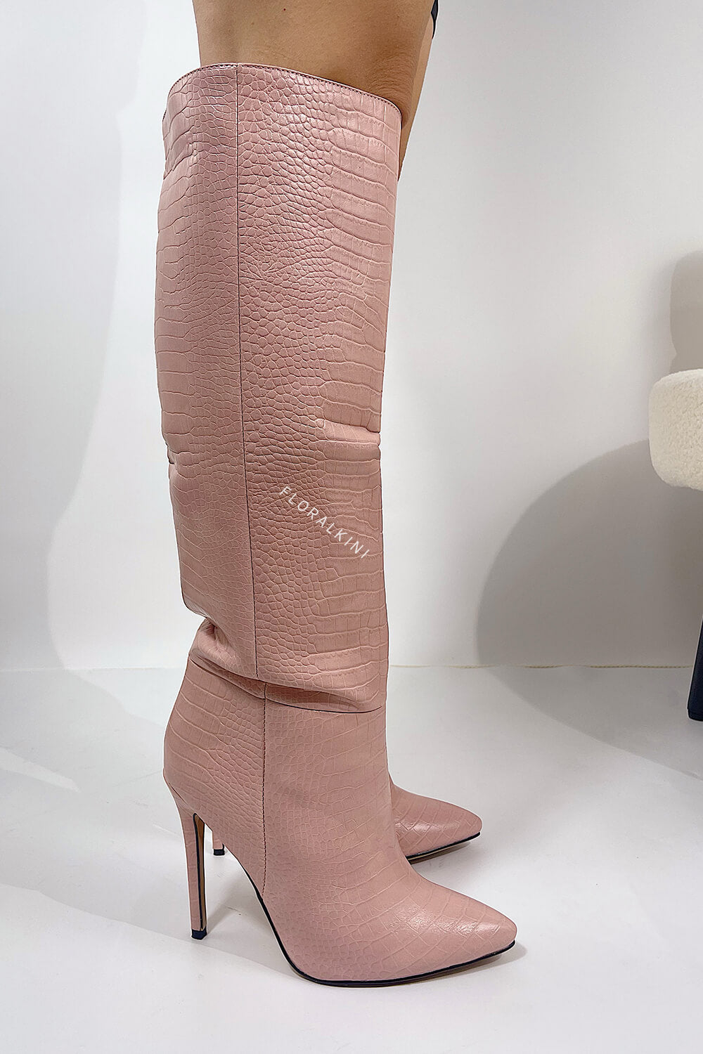 Pink Crocodile-Effect Knee High Pointed Stiletto Heel Boots