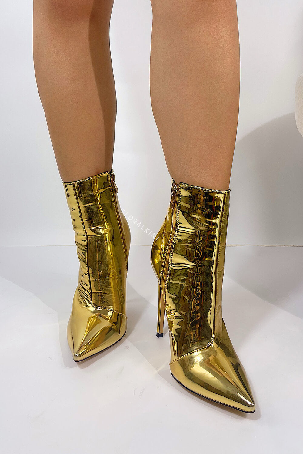Metallic Gold Pointed Stiletto Heeled Ankle Boots