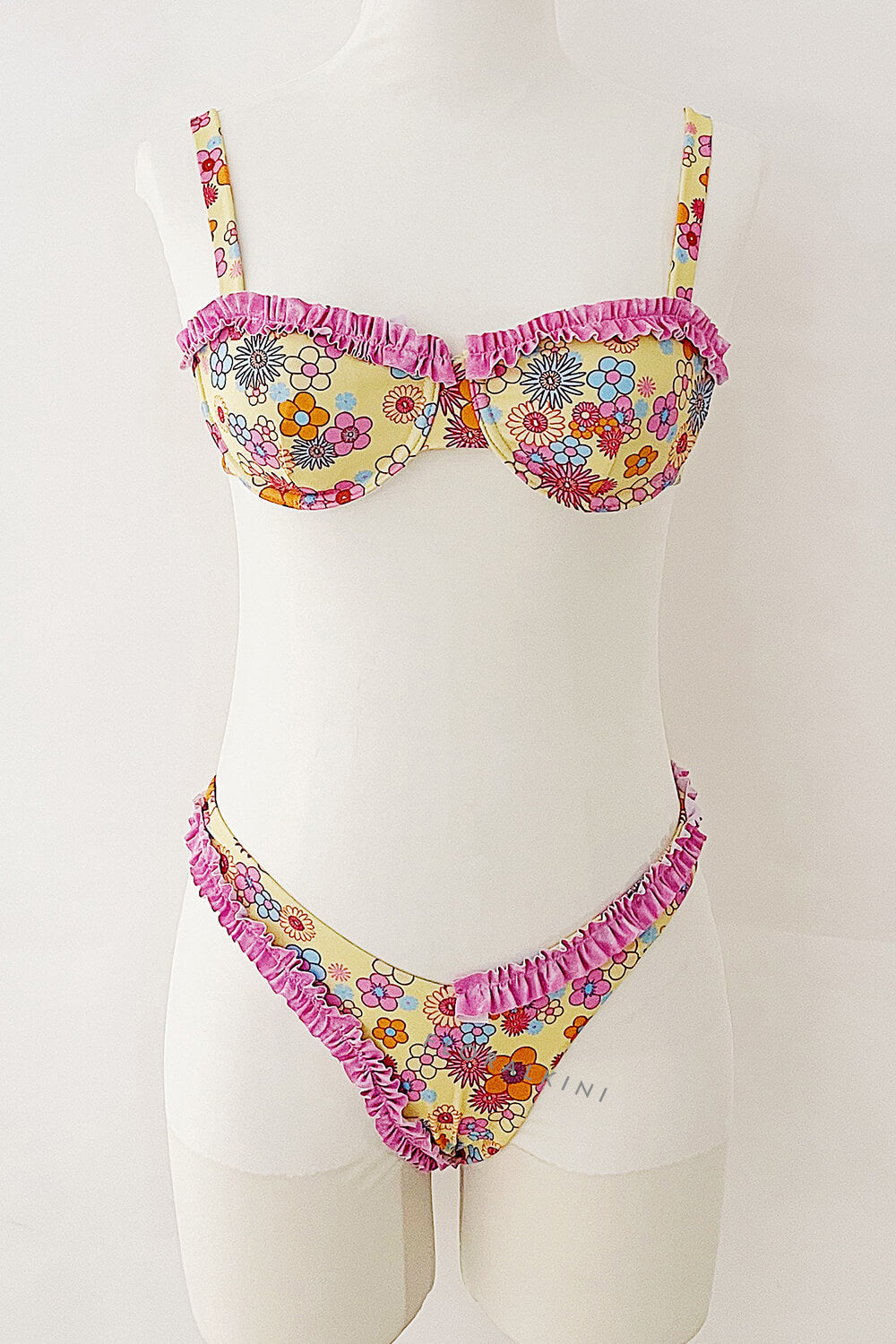 Yellow Floral Ruffled Balconette Underwired Bikini Top
