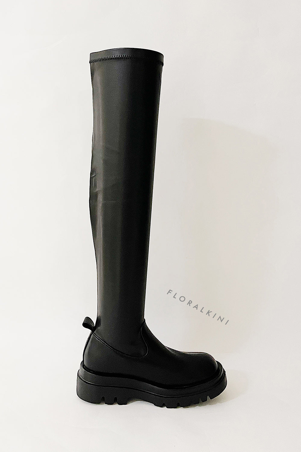 Black Faux Leather Flat Chunky Over The Knee Thigh High Boots