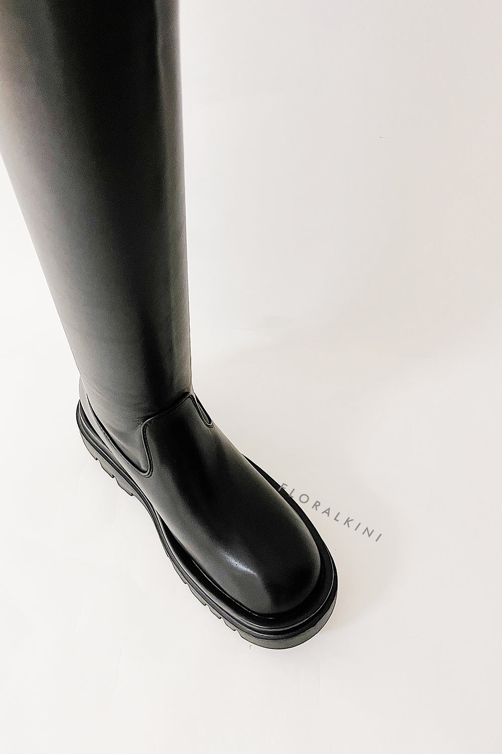 Black Faux Leather Flat Chunky Over The Knee Thigh High Boots