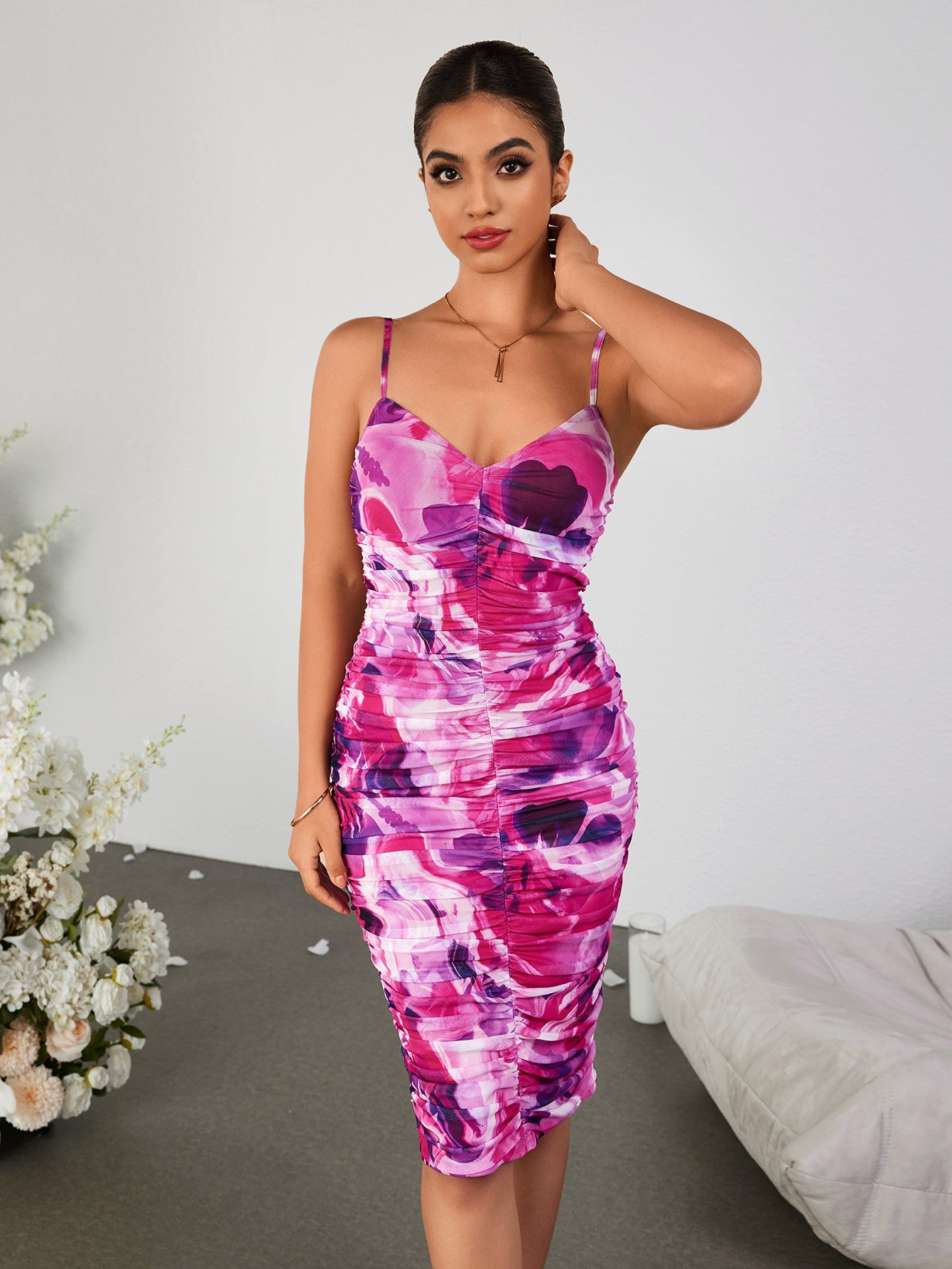 Mesh Skinny Printed Suspender Pleated Bodycon Mini Dress