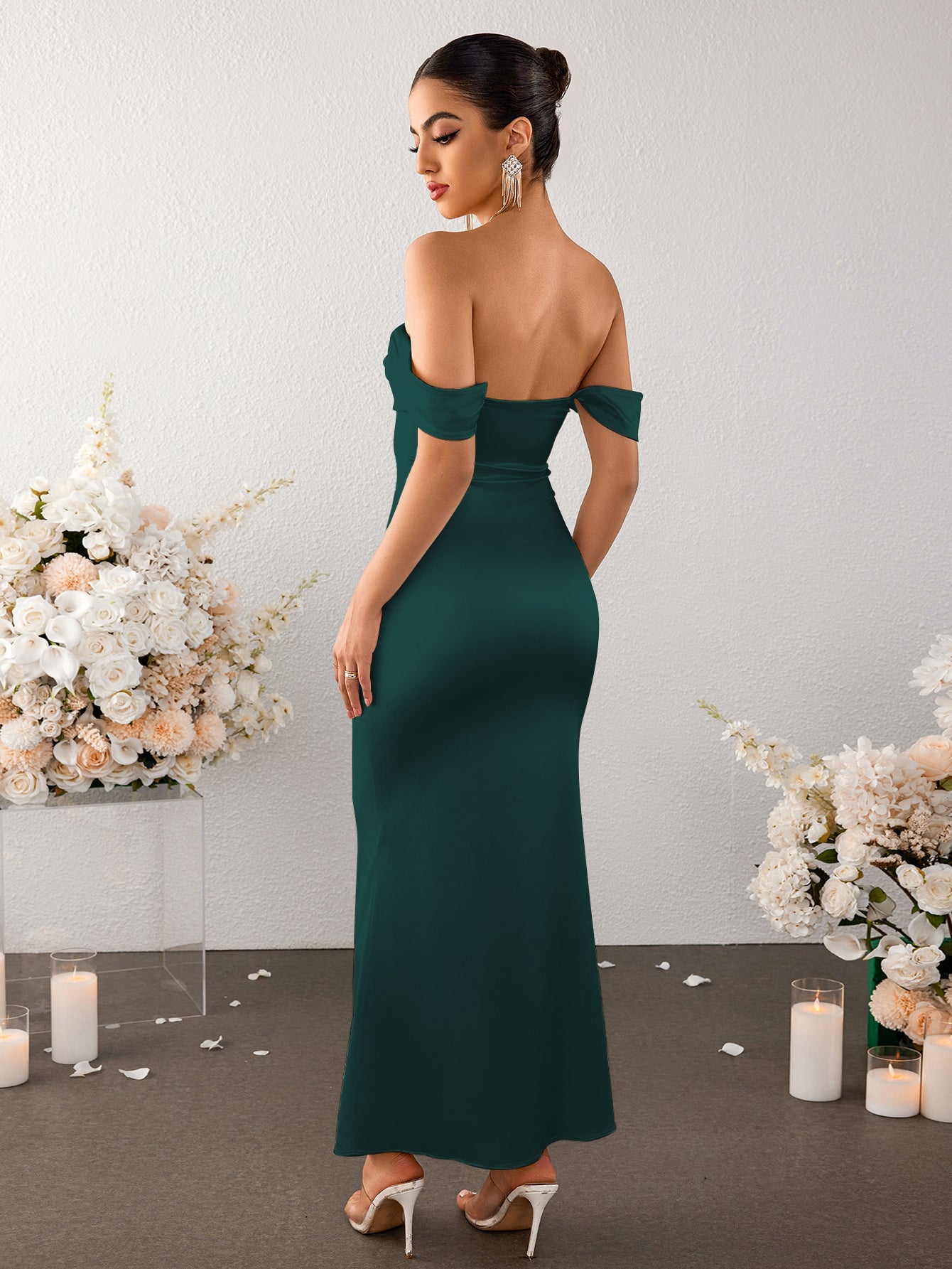 Temperament Straight-neck Satin Solid Color Bodycon Maxi Dress