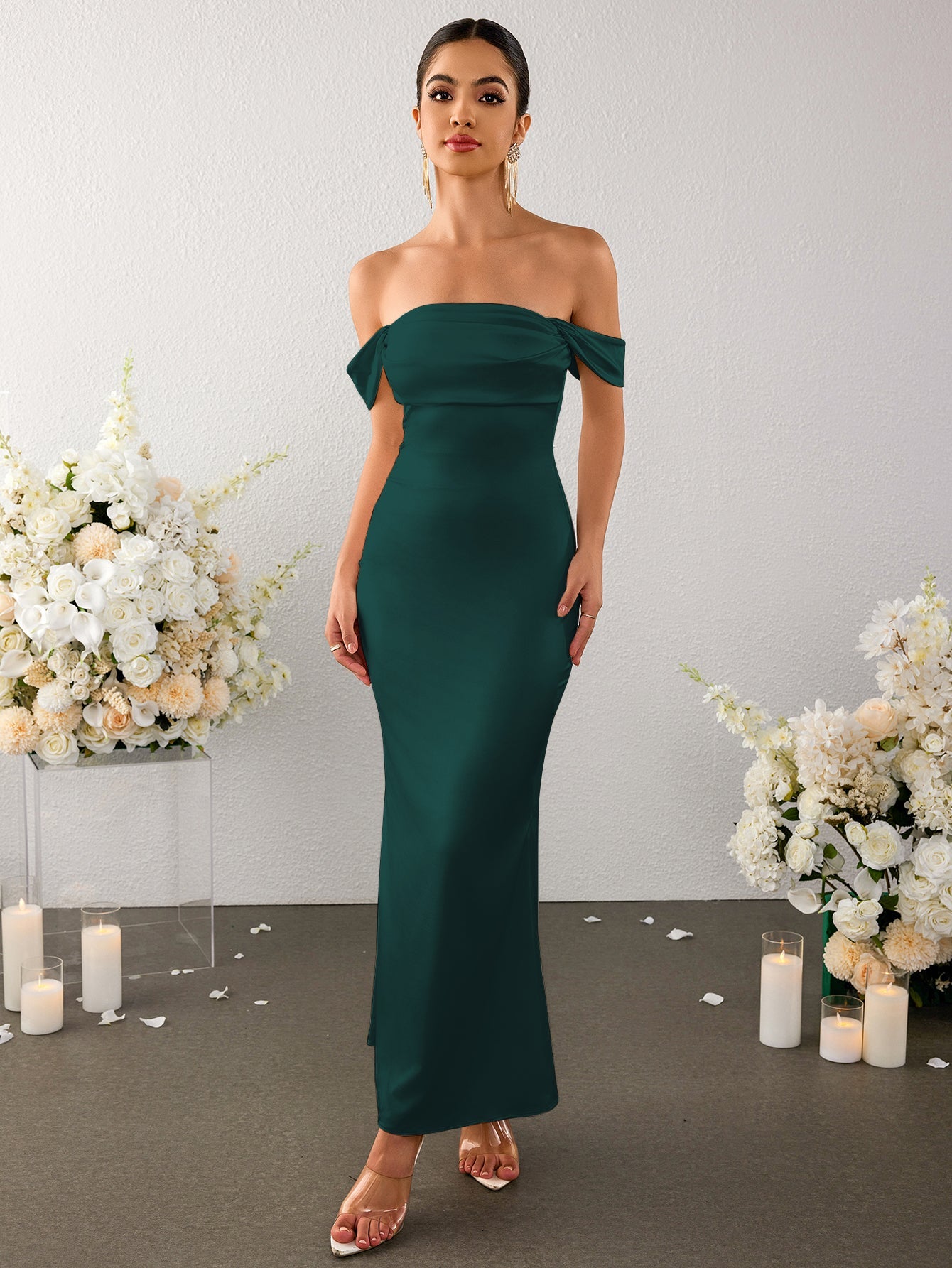 Temperament Straight-neck Satin Solid Color Bodycon Maxi Dress