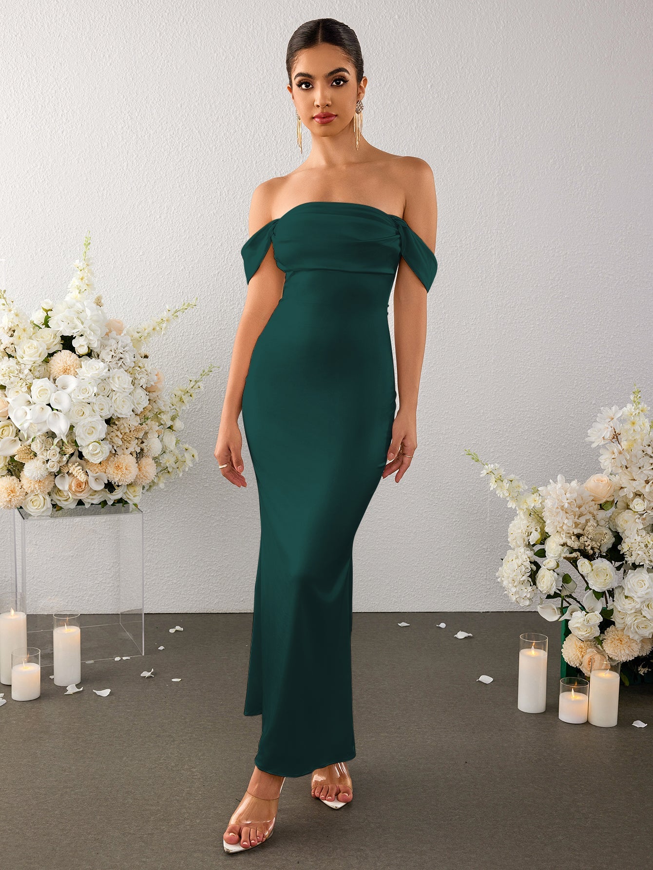 Temperament Straight-neck Satin Solid Color Bodycon Maxi Dress