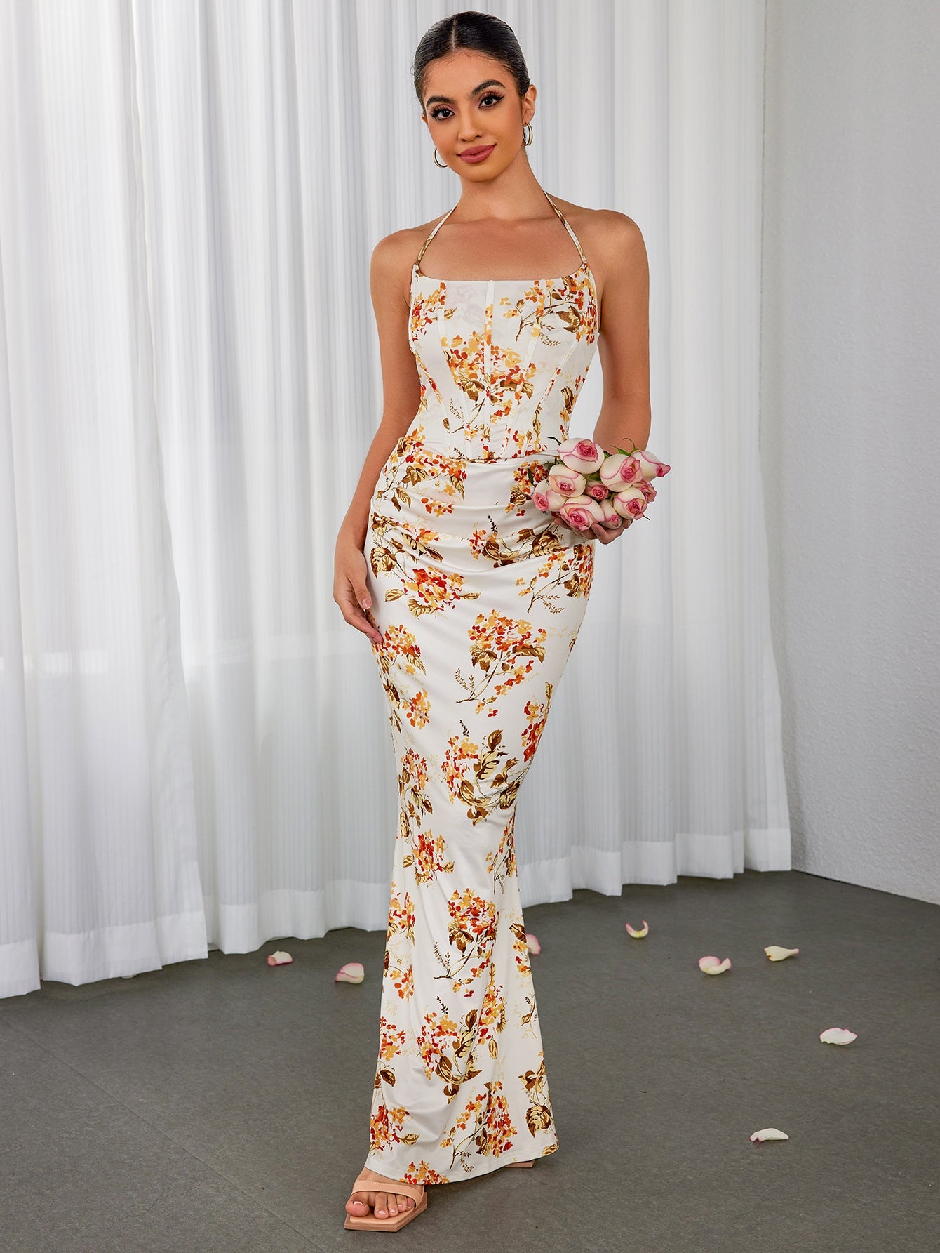 Sexy Slim Floral Pleated Backless Lace-Up Slip Maxi Dress