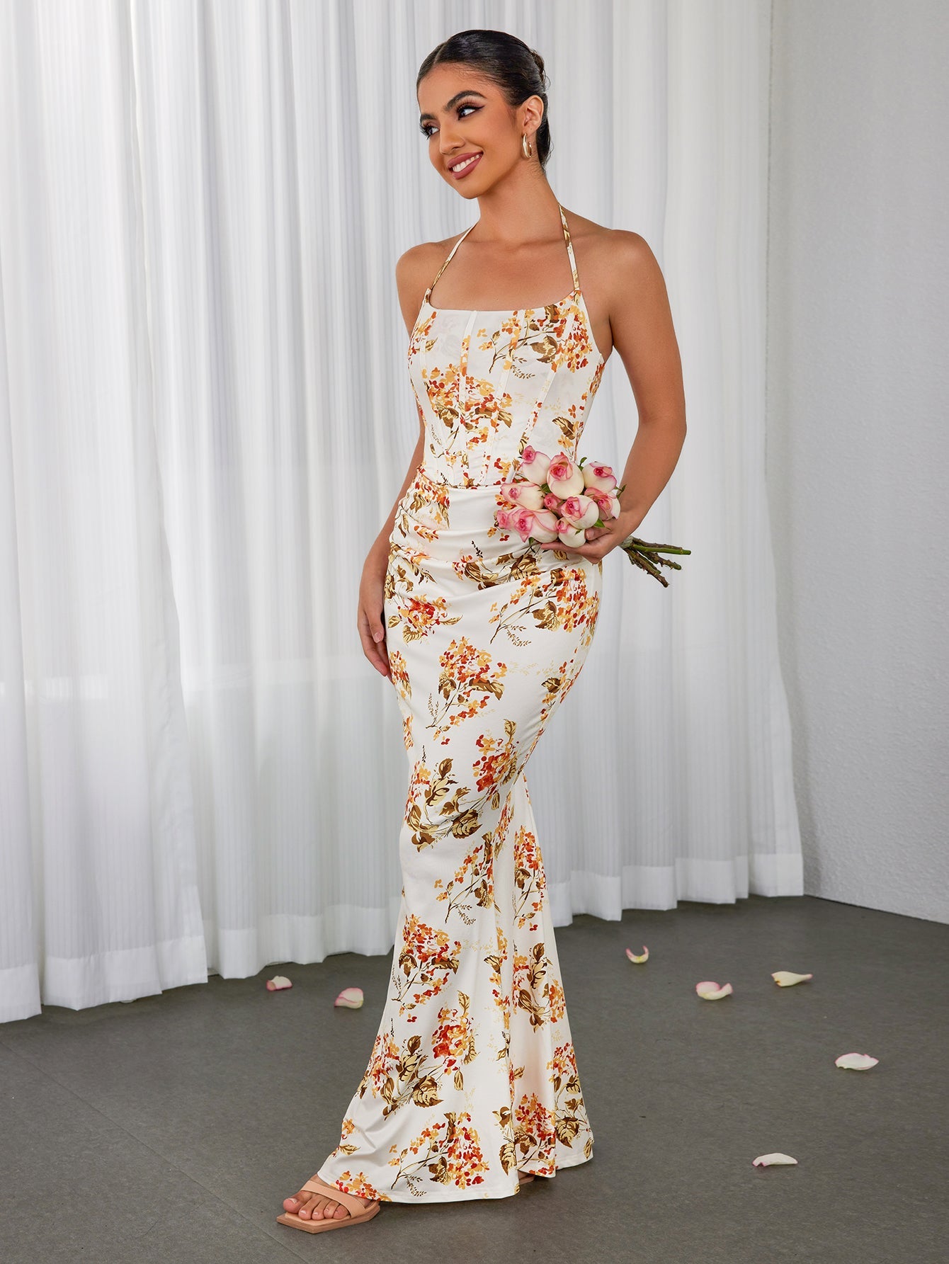 Sexy Slim Floral Pleated Backless Lace-Up Slip Maxi Dress