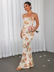 Sexy Slim Floral Pleated Backless Lace-Up Slip Maxi Dress