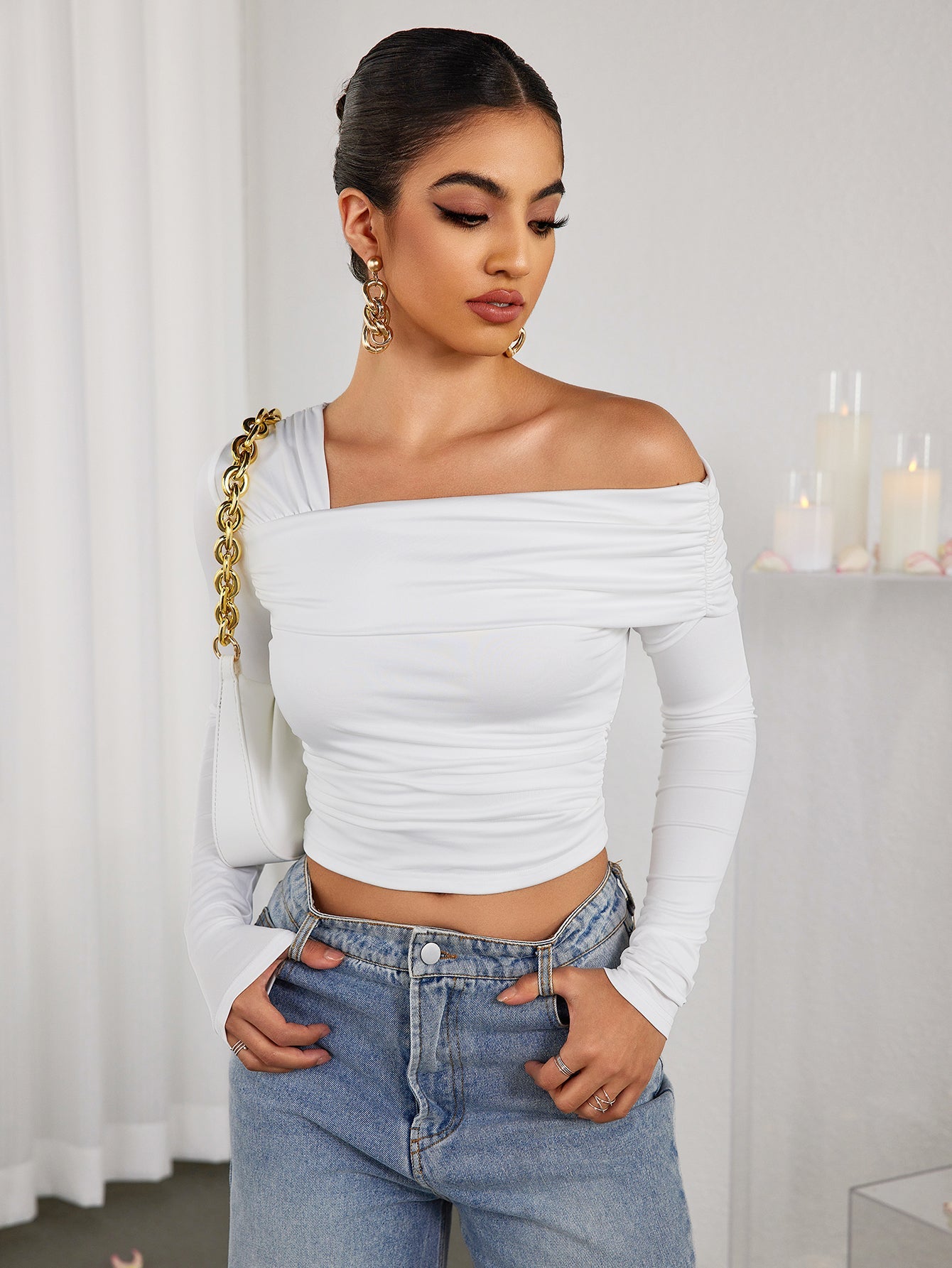 Ruched One-shoulder Long-sleeved Top