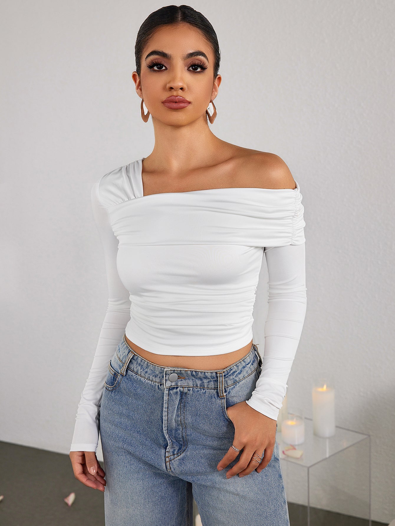 Ruched One-shoulder Long-sleeved Top