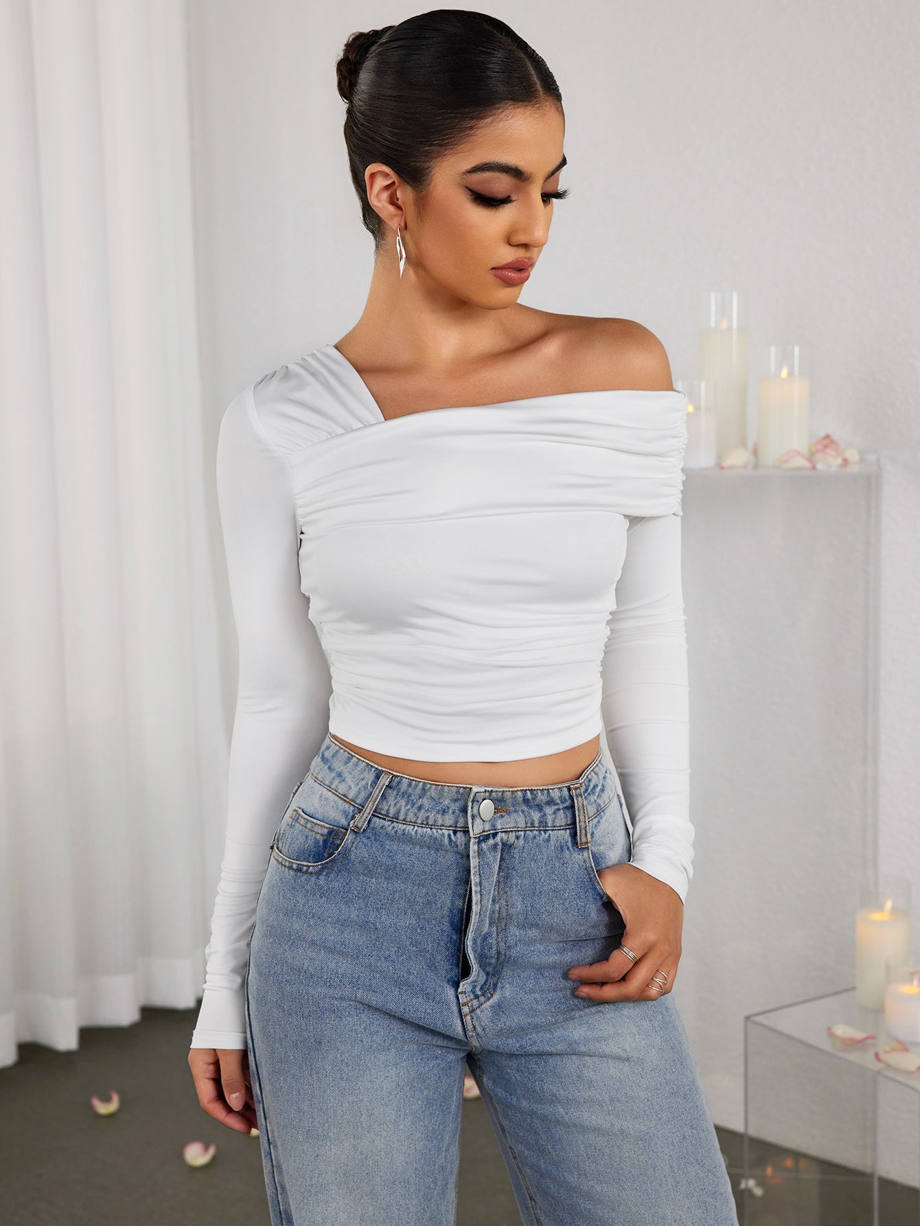 Ruched One-shoulder Long-sleeved Top