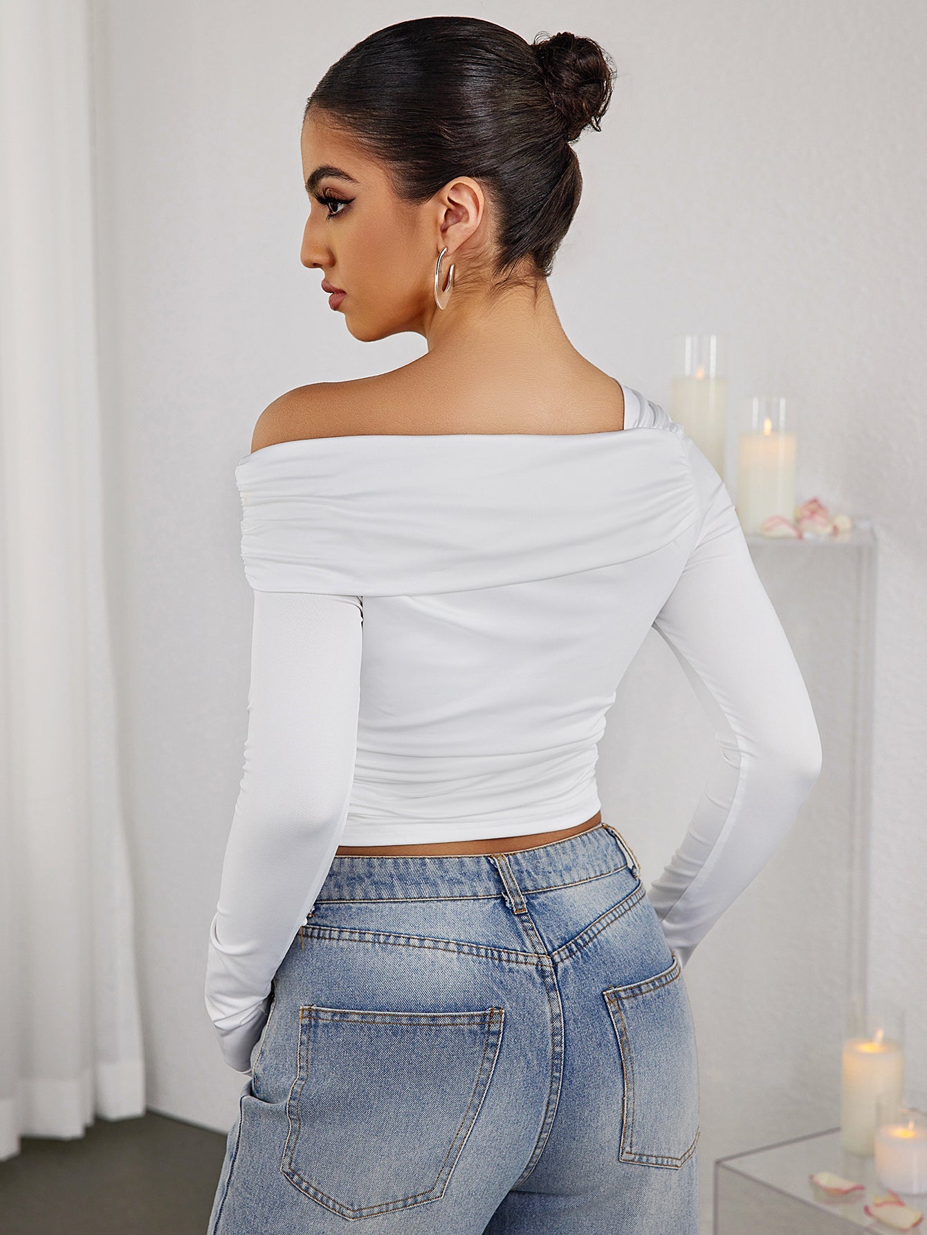Ruched One-shoulder Long-sleeved Top