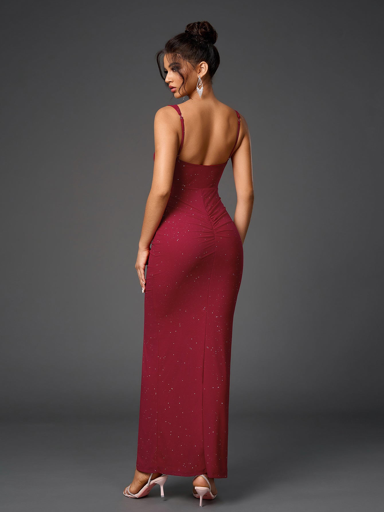 Sparkly Sleeveless Backless Cut-Out Ruched Bodycon Dress