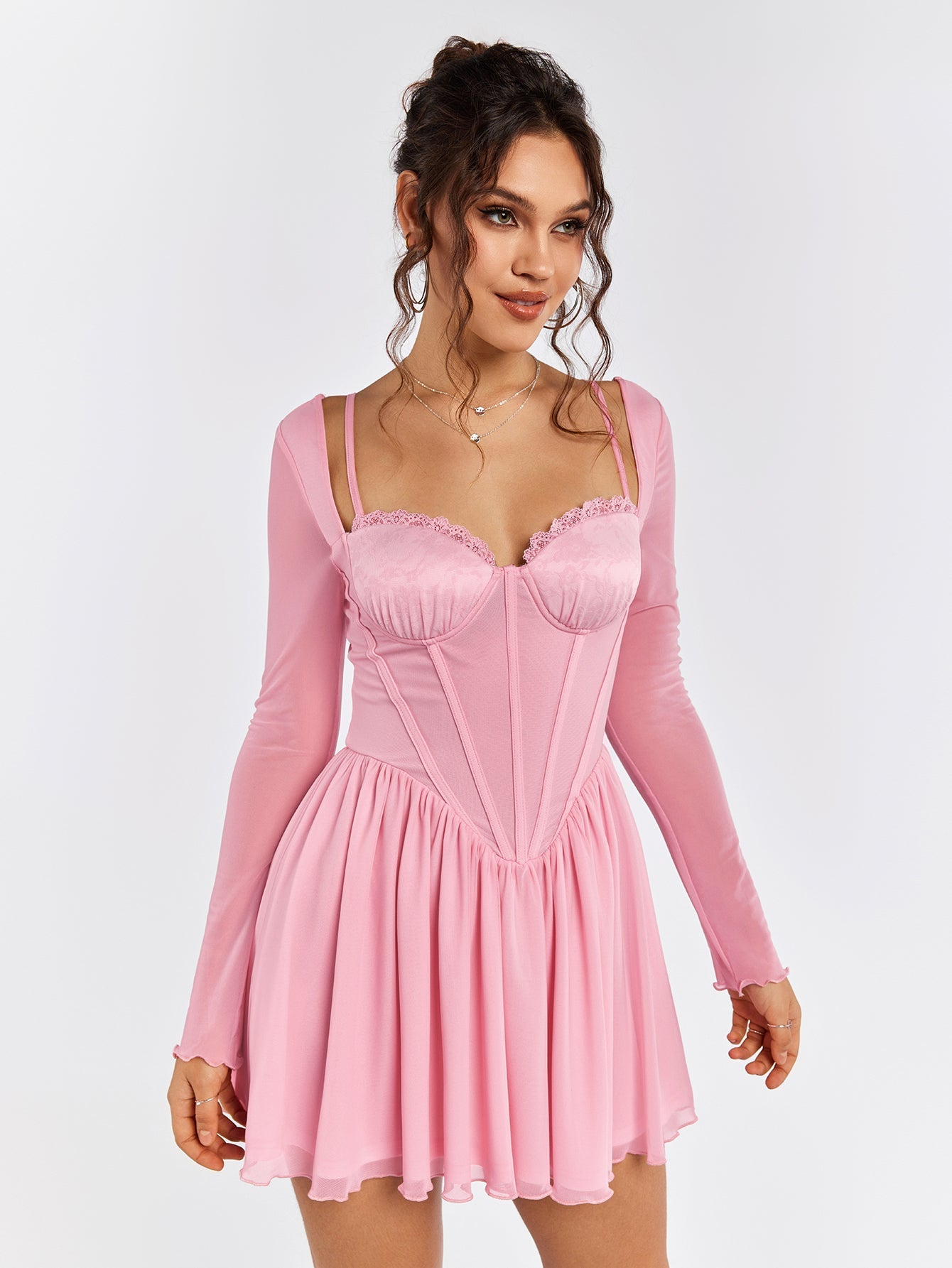 Sheer Sleeve Pink Skater Dress