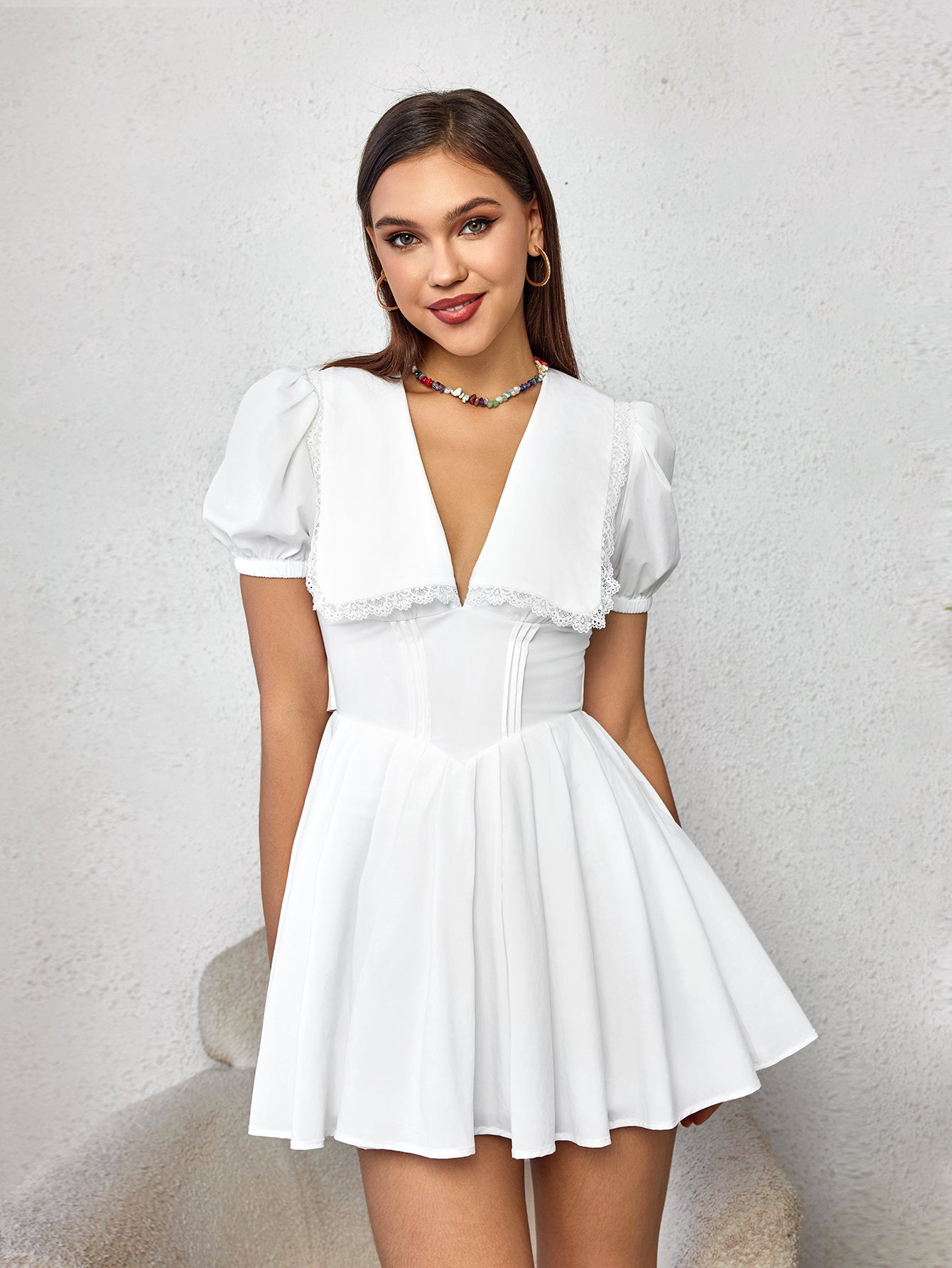 Lace-Trim Puff-Sleeve Mini Dress