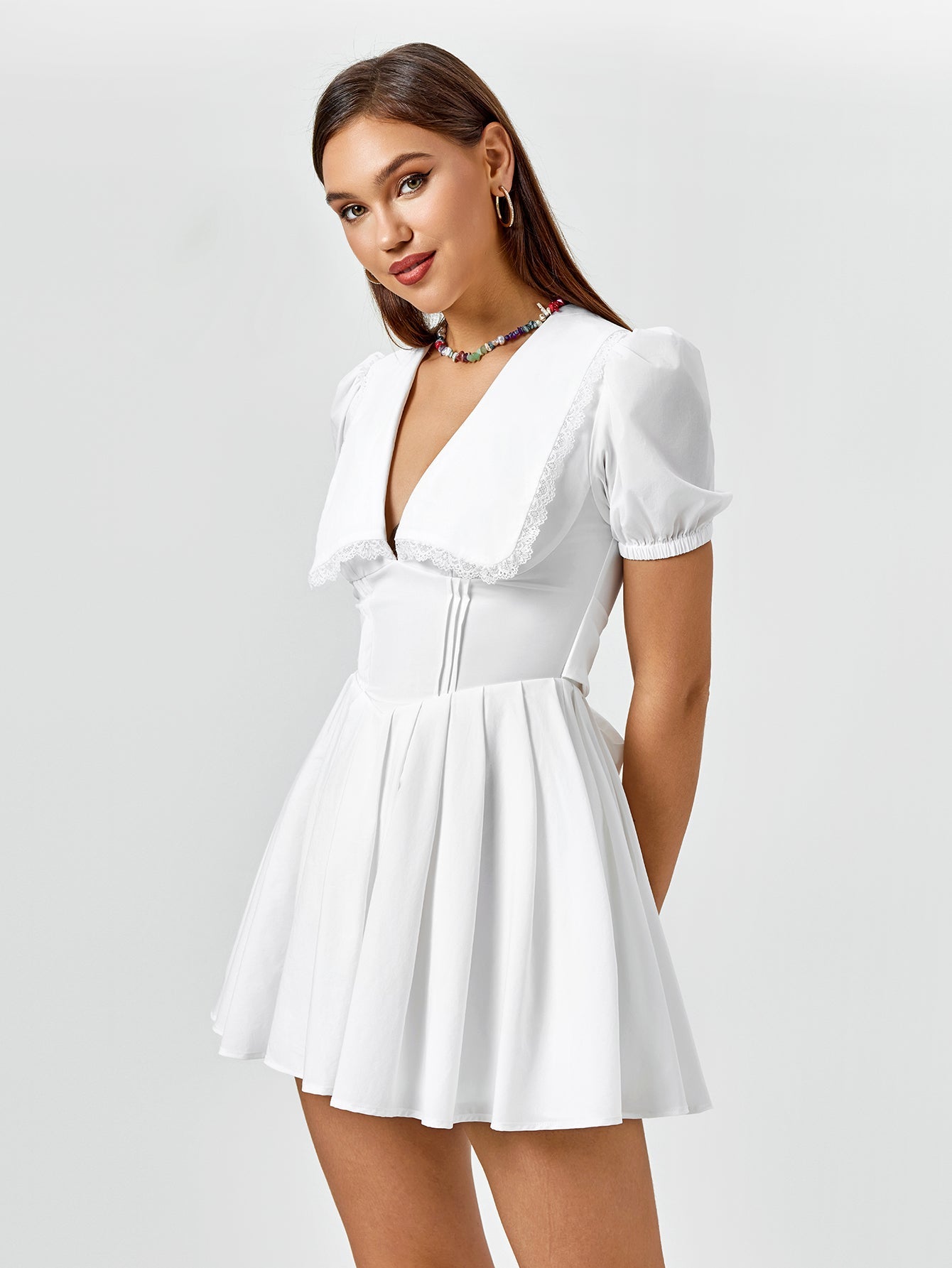 Lace-Trim Puff-Sleeve Mini Dress