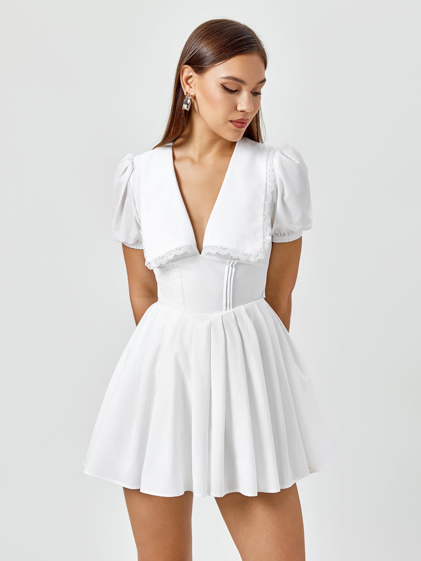 Lace-Trim Puff-Sleeve Mini Dress
