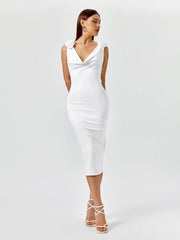V-Neckline Ruched Cap Sleeve Midi Dress