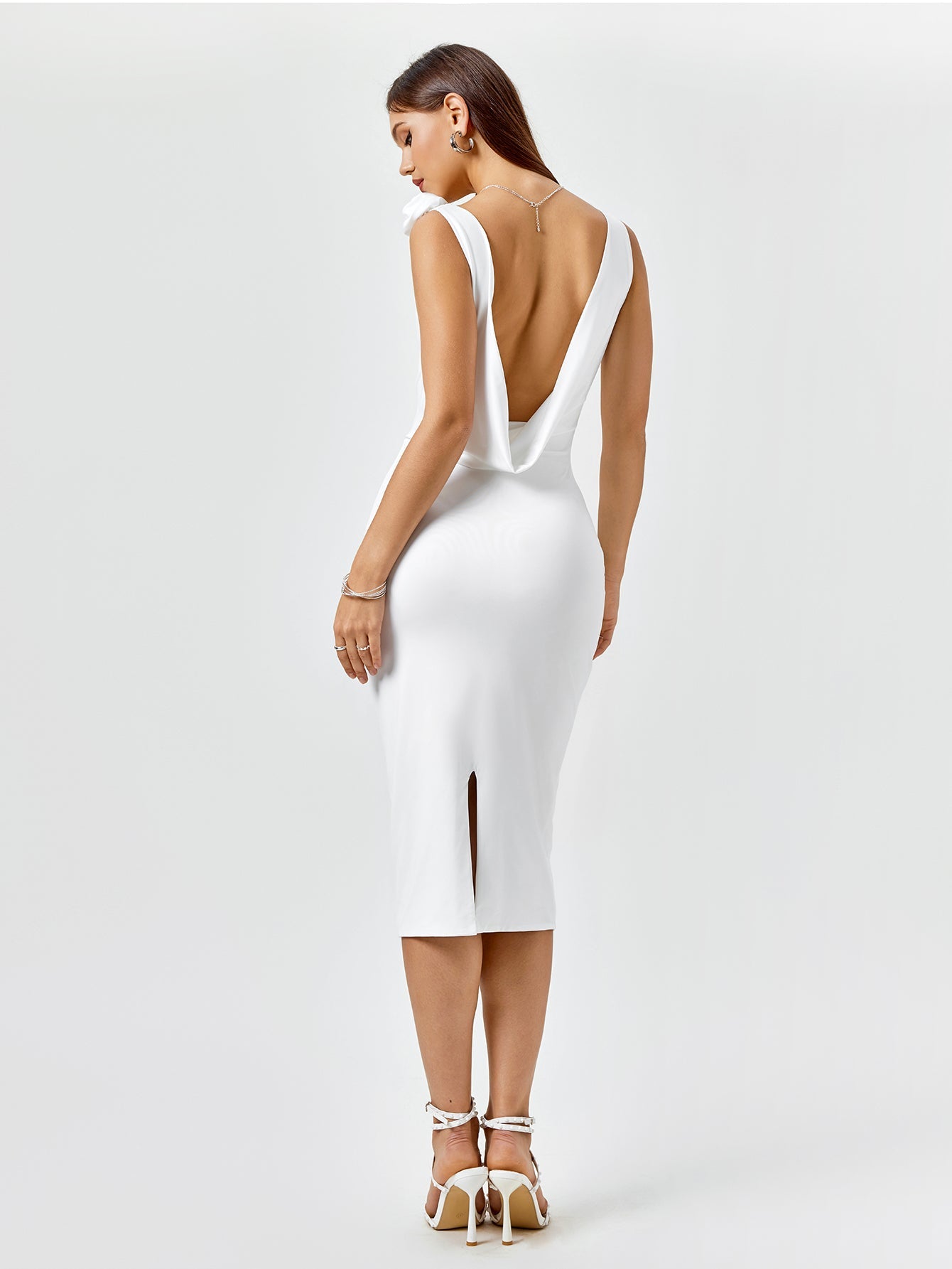 V-Neckline Ruched Cap Sleeve Midi Dress