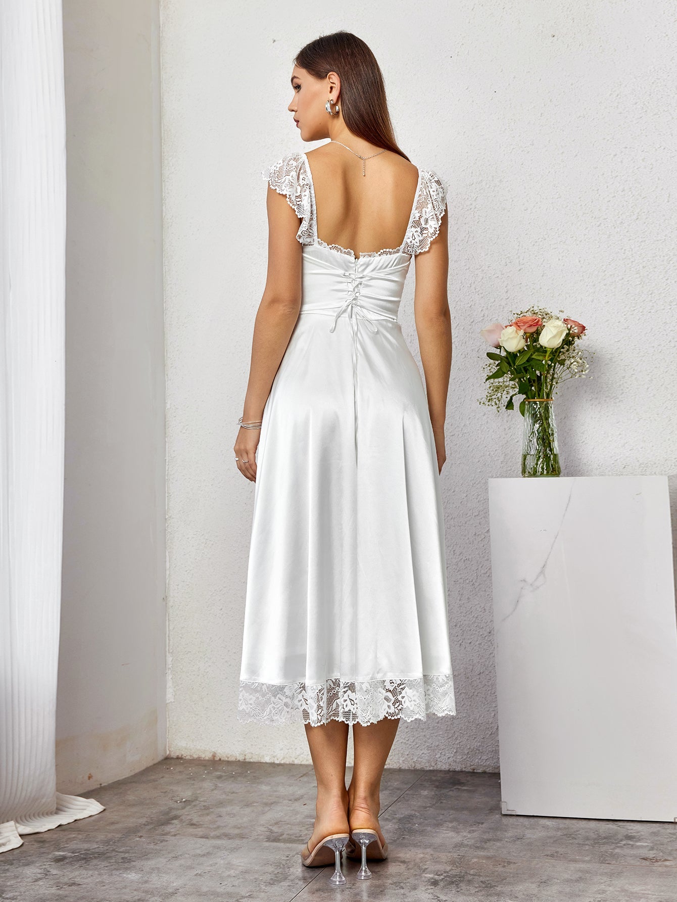 Square Neckline Lace Hem Satin Dress