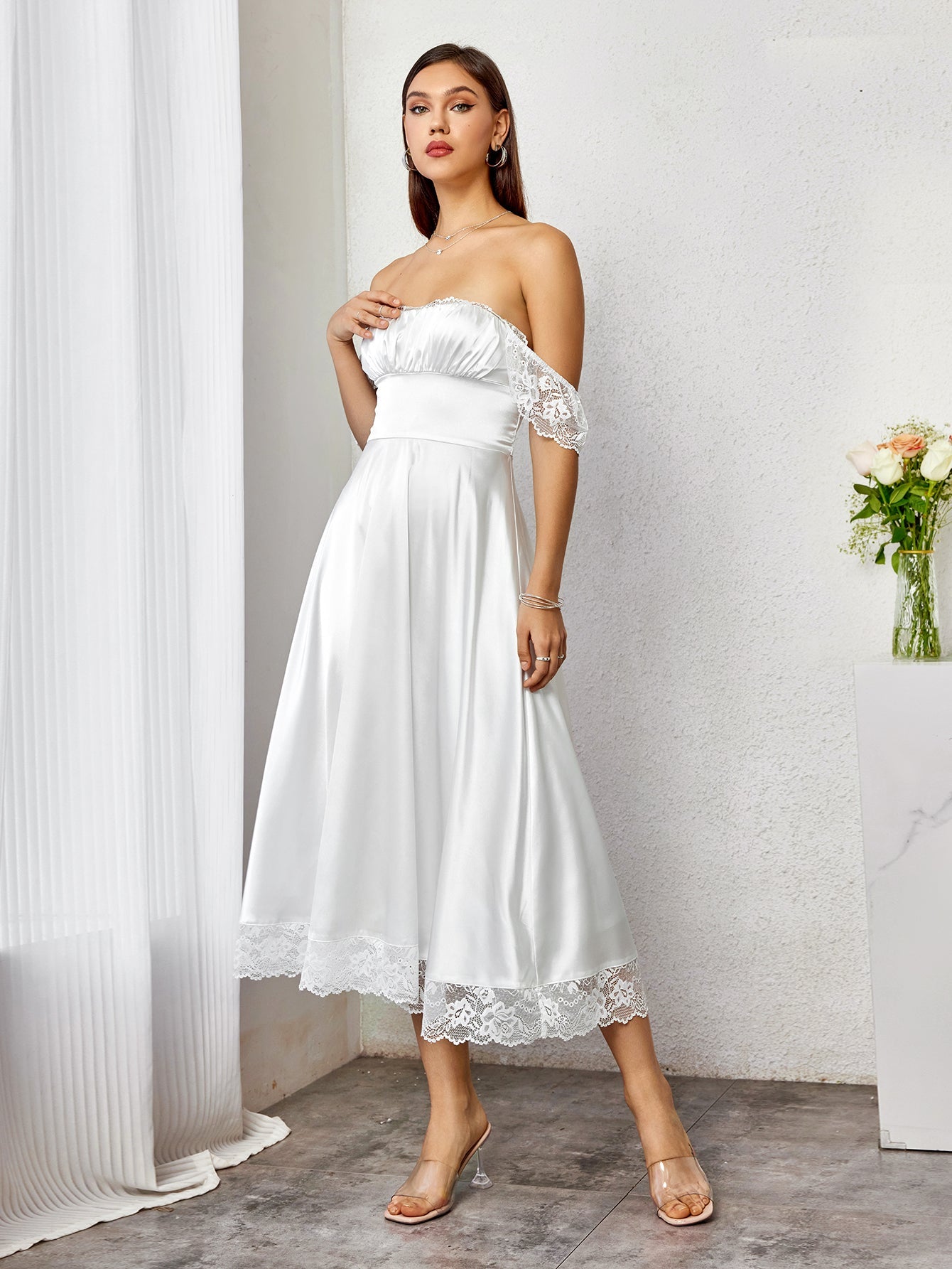 Square Neckline Lace Hem Satin Dress