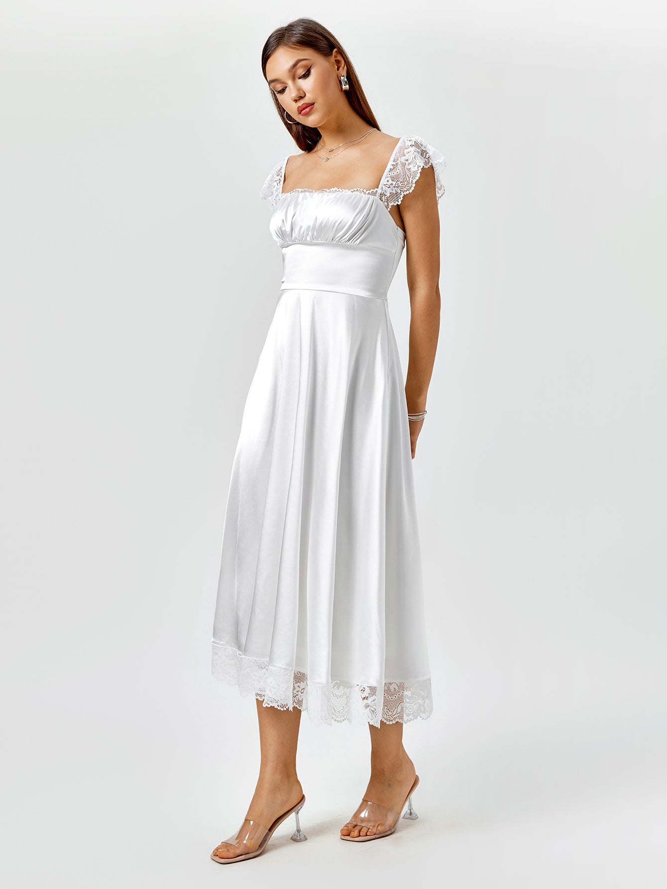 Square Neckline Lace Hem Satin Dress