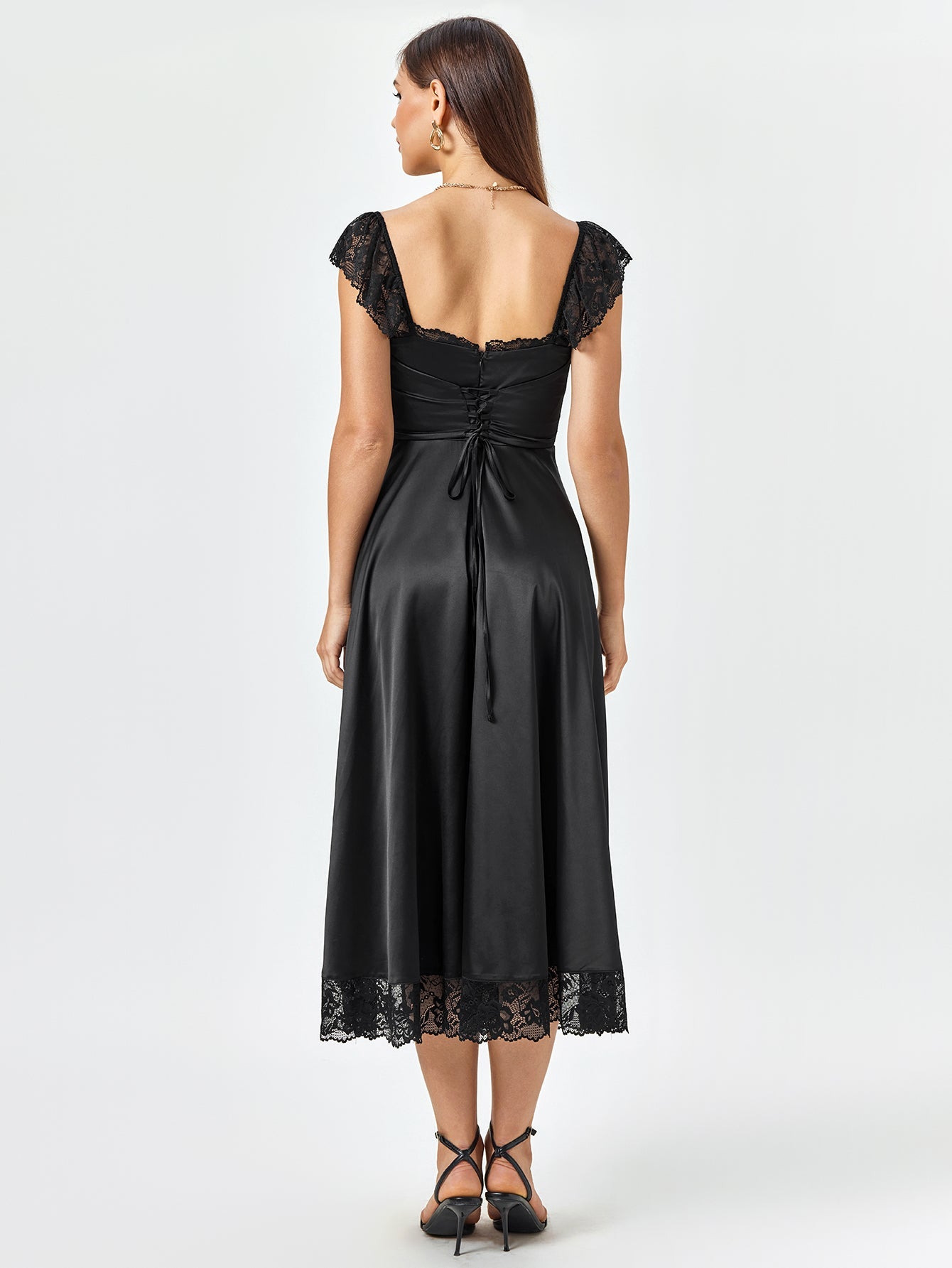 Square Neckline Lace Hem Satin Dress
