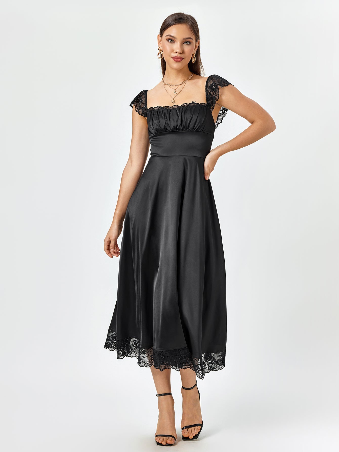 Square Neckline Lace Hem Satin Dress